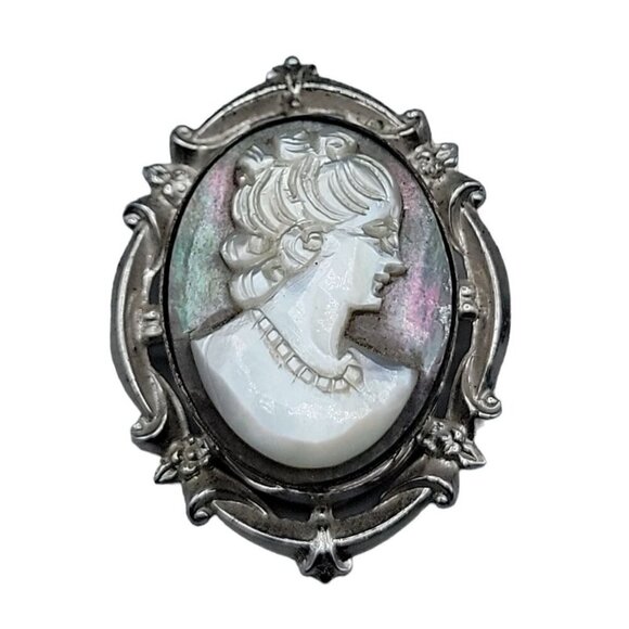 Curtis Creations Sterling Cameo Brooch Purple Carved Abalone & Mother of Pearl - Picture 1 of 7